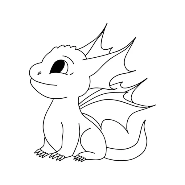 Petit Dragon Dessin Animé Mignon Illustration Vectorielle Illustration Noir Blanc — Image vectorielle