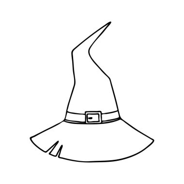 Cadı şapkası. Sivri uçlu şapka. Cadılar Bayramı tasarımı için dekoratif unsur. El çizimi vektör illüstrasyonu