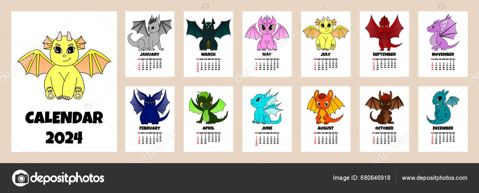 2024 Calendar Cute Little Dragons 2024 Calendar Week Start Sunday Stock