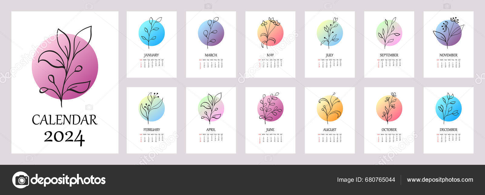 Modelo Calendário Para 2024 Design Vertical Com Arte Linha Botânica