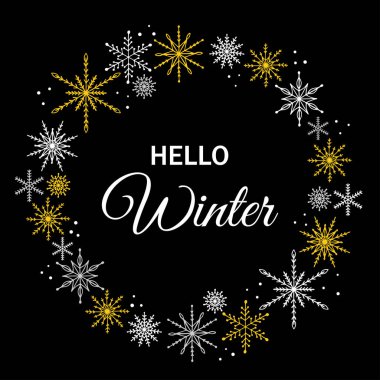 Elle çizilmiş kar taneleri çerçeveli kış tebrik kartı tasarımı. Merhaba kış. Broşür, afiş, poster, kart vesaire için tasarım. Vektör illüstrasyonu