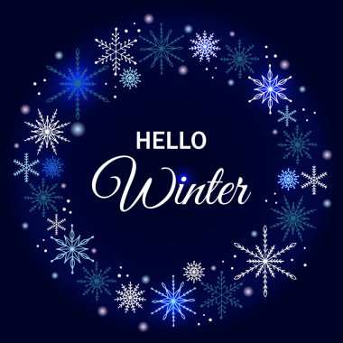 Elle çizilmiş kar taneleri çerçeveli kış tebrik kartı tasarımı. Merhaba kış. Broşür, afiş, poster, kart vesaire için tasarım. Vektör illüstrasyonu