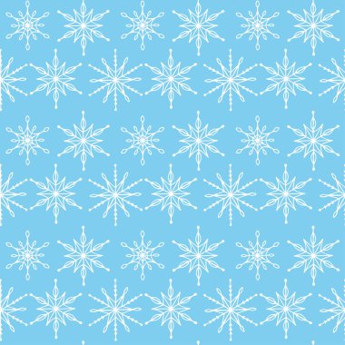Kış kusursuz desen. Mavi arka planda beyaz kar taneleri. Tekstil, kumaş, kart, ambalaj kağıdı, davetiye, duvar kağıdı vs. için desen. Vektör illüstrasyonu