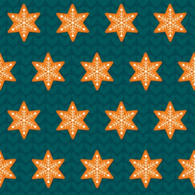 Turkuaz örgü arka planında dikişsiz zencefilli kek deseni. Kar taneleri şeklinde kutlama kurabiyeleri. Pişmiş bisküvi tasarımı. Vektör illüstrasyonu