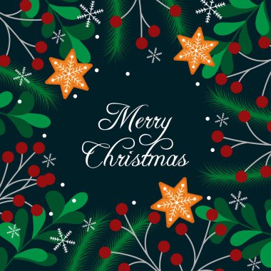 Mutlu noeller. Tebrik kartı, pankart, davetiye, üzerinde zencefilli ekmek, kar taneleri ve köknar dalları olan kartpostal tasarımı. Vektör illüstrasyonu