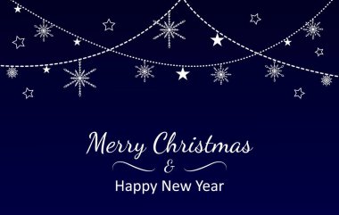 Mutlu Noeller ve mutlu yıllar kartı. Kış dönemi. Kar taneleri ve koyu mavi arka planda yıldızlar olan çelenkler. Vektör illüstrasyonu