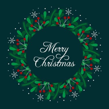 Mutlu noeller. Tebrik kartı, pankart, davetiye, çilekli kartpostal, kar taneleri, köknar dalları için tasarım. Vektör illüstrasyonu