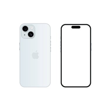 Iphone 15 modeli. Mavi renk. Ön görüş ve arka görüş. Vektör modeli. Vektör illüstrasyonu