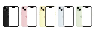 Iphone 15 modeli. Ön ve arka taraftaki tüm renkler akıllı telefon. Ön görüş ve arka görüş. Vektör modeli. Vektör illüstrasyonu