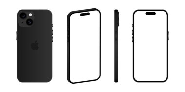Iphone 15 modeli. Siyah renk. Ön görüş, yan görüş ve arka görüş. Vektör modeli. Vektör illüstrasyonu