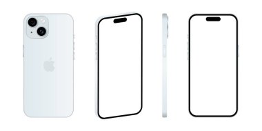 Iphone 15 modeli. Mavi renk. Ön görüş, yan görüş ve arka görüş. Vektör modeli. Vektör illüstrasyonu