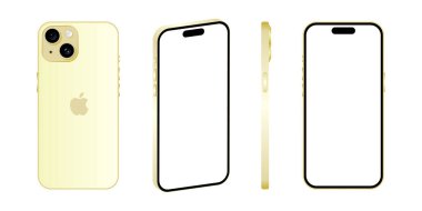 Iphone 15 modeli. Sarı renk. Ön görüş, yan görüş ve arka görüş. Vektör modeli. Vektör illüstrasyonu