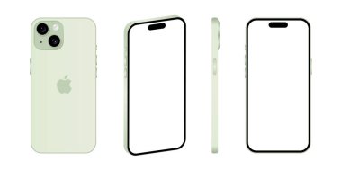 Iphone 15 modeli. Yeşil renk. Ön görüş, yan görüş ve arka görüş. Vektör modeli. Vektör illüstrasyonu