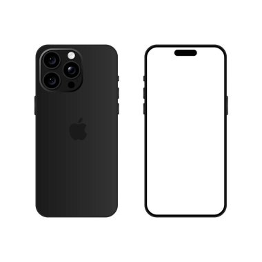 Iphone 15 Pro modeli. Siyah titanyum rengi. Ön görüş ve arka görüş. Vektör modeli. Vektör illüstrasyonu