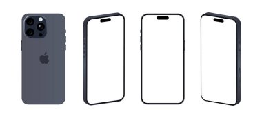 Iphone 15 Pro modeli. Mavi titanyum rengi. Önden, arkadan ve farklı açılardan. Vektör modeli. Vektör illüstrasyonu