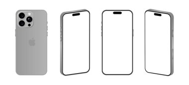 Iphone 15 Pro modeli. Doğal titanyum rengi. Önden, arkadan ve farklı açılardan. Vektör modeli. Vektör illüstrasyonu