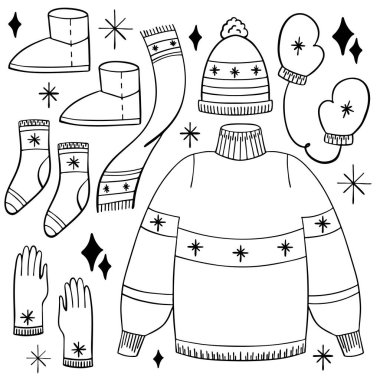 El yapımı kışlık giysiler. Karalama boyama kitabı. Beyaz arkaplanda vektör illüstrasyonu