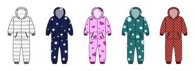 Farklı şekillerde kigurumi pijamaları. El çizimi çizimi. Beyaz arkaplanda vektör illüstrasyonu