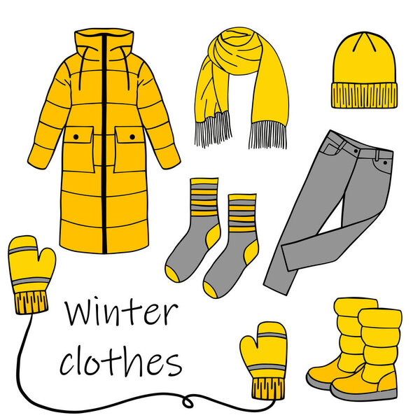 Set of winter clothes in doodle style. A collection of hand-drawn sketches with boots, socks, mittens, scarf, coat and hat. Vector illustration