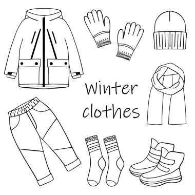 El çizimi kış giysileri çizimi. Çıkartma, baskı, dekor için tasarım. Kışlık kıyafetlerin karalama tarzında tasviri. Vektör illüstrasyonu