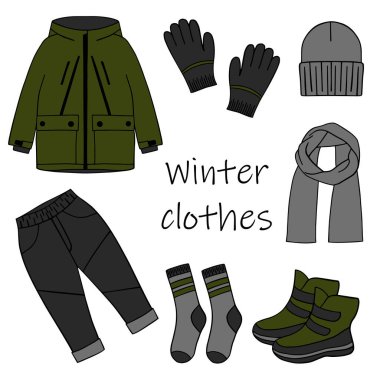Kış kıyafetleri karalama tarzında. Çizme, çorap, eldiven, atkı, ceket ve şapkalı el çizimleri koleksiyonu. Vektör illüstrasyonu