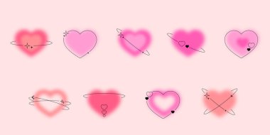 Doğrusal şekilli ve yıldızlı bulanık pembe kalpler seti, modayı takip eden y2k tasarım şablonu. Modern minimalist stil. Sosyal medya veya logo ögeleri