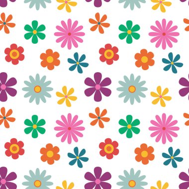 Havalı papatya çiçekleriyle 70 'lerin modasına uygun bir çiçek deseni. Eski tarz. Parlak renkli renkler. Retro çiçek vektör tasarımı y2k