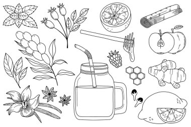 Sıcak içecek el çizimi için malzemeler. Kış sıcak içecek tarifi. Cafe için pankart, restoran. Beyaz arkaplanda vektör illüstrasyonu