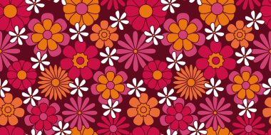 Renkli, harika, çiçekli, dikişsiz desen. Hippi estetiği. Kumaş, kağıt ya da herhangi bir yüzey tasarımı için çok renkli tuhaf bir iz. Psikedelik duvar kağıdı