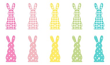 Siluetler ve tavşanlar. Tavşan kulakları, bufalo ekoseli ve benekli desenli. Tırman. Paskalya tasarım elemanları. Vektör illüstrasyonu