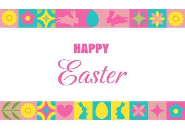 Mutlu Paskalya Neo Geometrik Sancakları. Modern mozaik soyut arkaplan. Yatay poster, tebrik kartı, web sitesi başlığı. Vektör illüstrasyonu