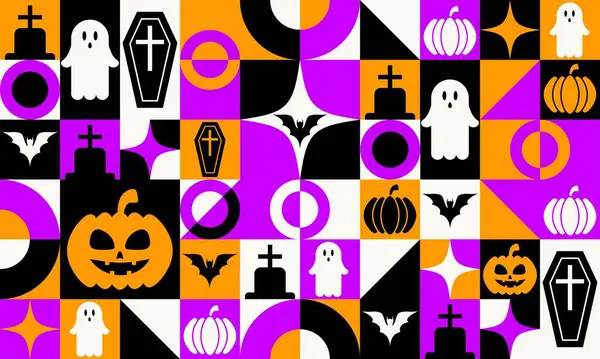 stock vector Contemporary abstract geometric Bauhaus design showcased in Halloween banner for festive occasion. Vector horizontal banner with Bauhaus geometric features like pumpkin, bat, ghost, and cemetery