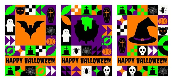 stock vector Set of Happy Halloween greeting cards or posters with modern abstract geometric pattern