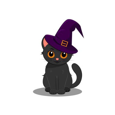 Cadı şapkalı kara kedi. Büyücü kafasında kocaman sarı gözleri olan sevimli bir kedi yavrusu. Vektör illüstrasyonu