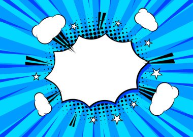 Yıldız konuşma balonlu yarım tonlu pop sanatları. Mavi çizgi roman deseni. Klasik yarım ton gölge. Vektör illüstrasyonu