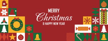 Modern soyut geometrik afiş. Kış tatili için poster tasarımı. Mutlu Noeller ve yeni yıl tebrik kartı. Vektör illüstrasyonu