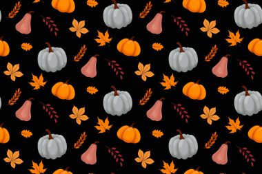 Renkli balkabaklarıyla, orman yapraklarıyla ve siyah arka planda kırmızı böğürtlenlerle sonbahar pürüzsüz deseni. Sonbahar hasadı. Şükran Günü için örnek. Vektör illüstrasyonu