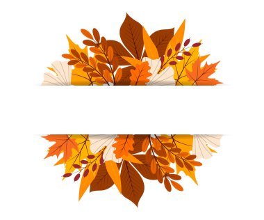 Sonbahar yapraklı yatay bayram afişi. Şükran Günü ya da Hasat Festivali için yazılı botanik çerçeve. Vektör illüstrasyonu