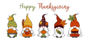 Elle çizilmiş sevimli çizgi film cüceleri. Şükran Günü için şenlik tasarımı. Kart, pankart, davetiye, poster için şablon. Vektör illüstrasyonu