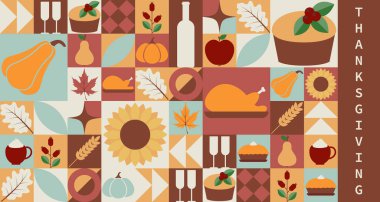 Modern geometrik Bauhaus desenli Şükran Günü kutlaması afişi. Vektör illüstrasyonu