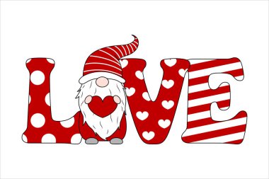 Design for Valentine's card with cute gnome holding heart in his hands. Vector illustration on white background clipart