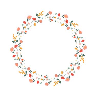 Botanik yuvarlak çerçevesi düz. Buketin çocukça sınırı. Çiçek çelengi beyaz arka planda izole edilmiş. Bahar çiçekleri çerçevesi. Vektör illüstrasyonu