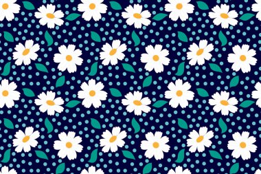 Papatya çiçekleri ve yaprakları olan klasik çiçek desenli. Kumaş, ambalaj, kartlar, posterler için uygun. Vektör illüstrasyonu