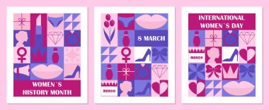 Set of Womens Day geometric banners templates. Trendy minimalist design with simple shapes. Creative concept for poster, invitation, card, branding, cover. Vector illustration clipart