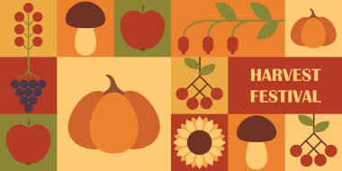 Hasat Festivali geometrik kolajı. Mozaik model. Balkabağı, güllük gülistanlık ve ayçiçekli bayrak. Vektör illüstrasyonu