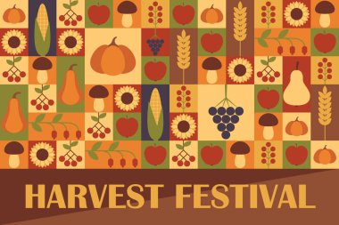 Hasat festivali. Tatil tasarımı. Poster, arkaplan, afiş, yazılı tebrik kartı şablonu. Vektör illüstrasyonu