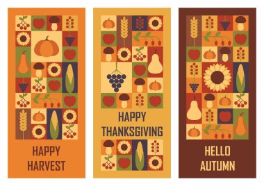 Dikey bayrak seti Mutlu Şükran Günleri, Mutlu Hasat ve Merhaba Sonbaharı. Soyut modern geometrik tarzda tebrik kartı veya davetiye şablonları. Vektör illüstrasyonu