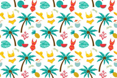 Güneş gözlüğü, ananas, karpuz, palmiye ağacı, hindistancevizi, mayo, panama şapkası, mercan, beyaz arka planda canavar yaprağı. Kumaş, ambalaj kağıdı, kartlar, posterler için. Vektör illüstrasyonu