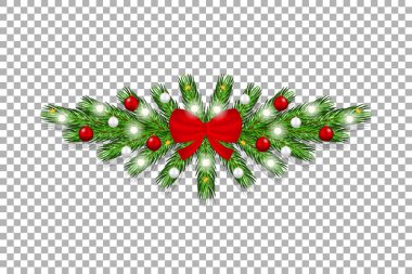 Yeşil köknar dalları, kırmızı yay, toplar, altın yıldızlar ve şeffaf arkaplanda izole edilmiş altın ışıklarla Noel ağacı sınırı. Vektör illüstrasyonu