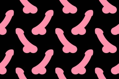 Siyah arka planda pembe penisli komik, pürüzsüz desen. Paket kağıdı, kağıt ve kumaş için uygun. Vektör illüstrasyonu